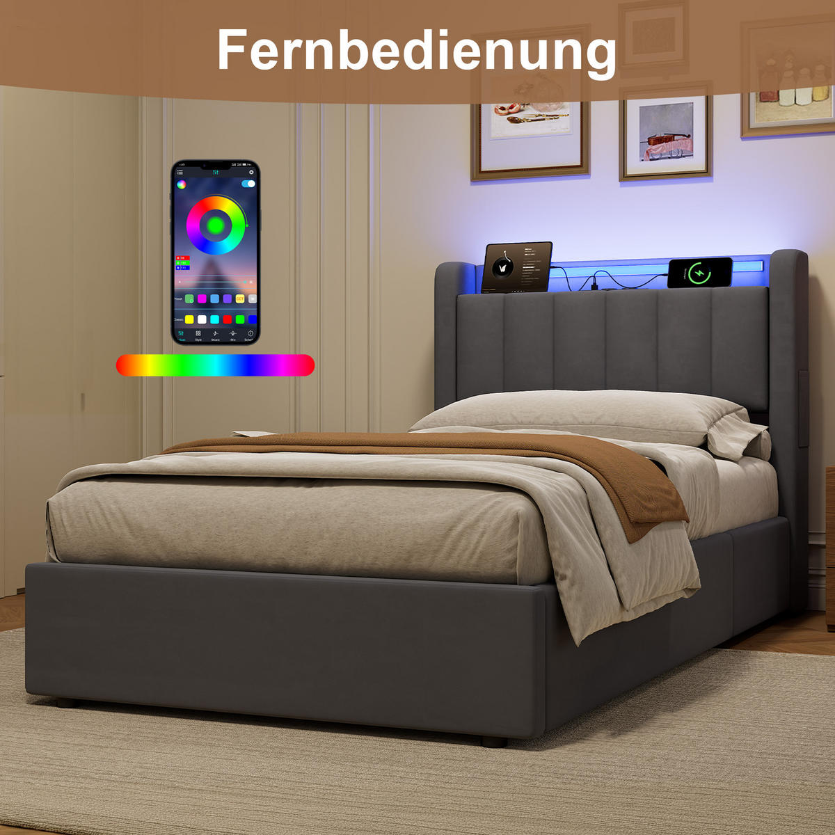 POLSTERBETT 90/190 cm in Dunkelgrau Samt mit Bettkasten und gepolstertes Kopfteil - Dunkelgrau, Holzwerkstoff/Textil (90/190cm) - CHICFURN