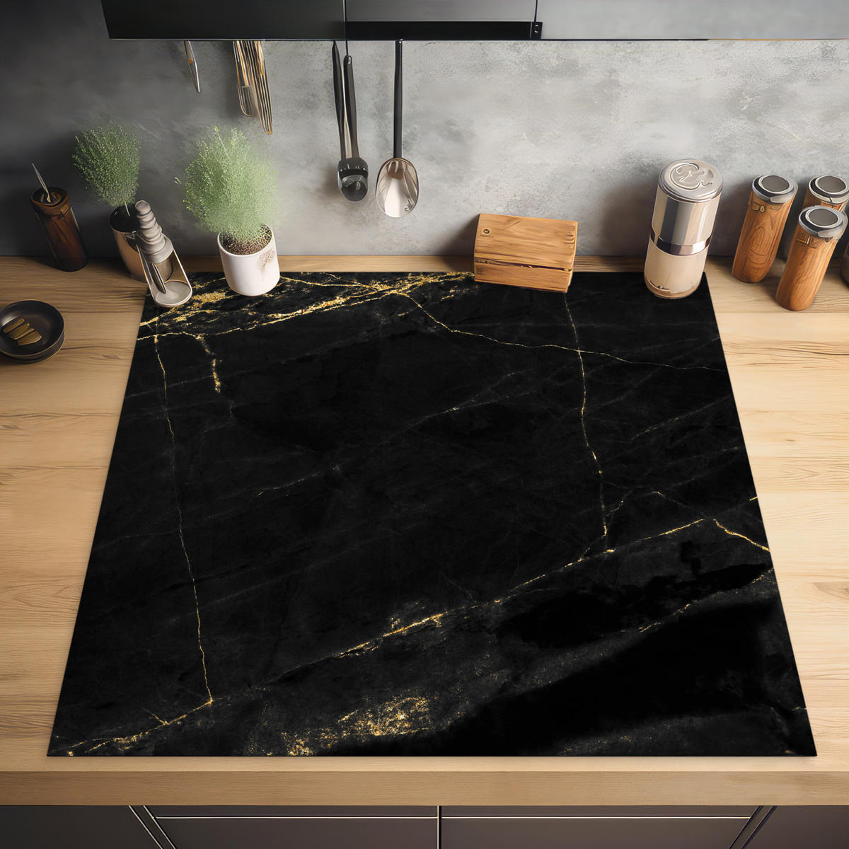 HERDABDECKPLATTE Marmor - Schwarz - Gold - Chic - Marmoroptik - Design Induktionsmatte 78x78 cm - Schwarz, Kunststoff (78/78/0.2cm) - MuchoWow