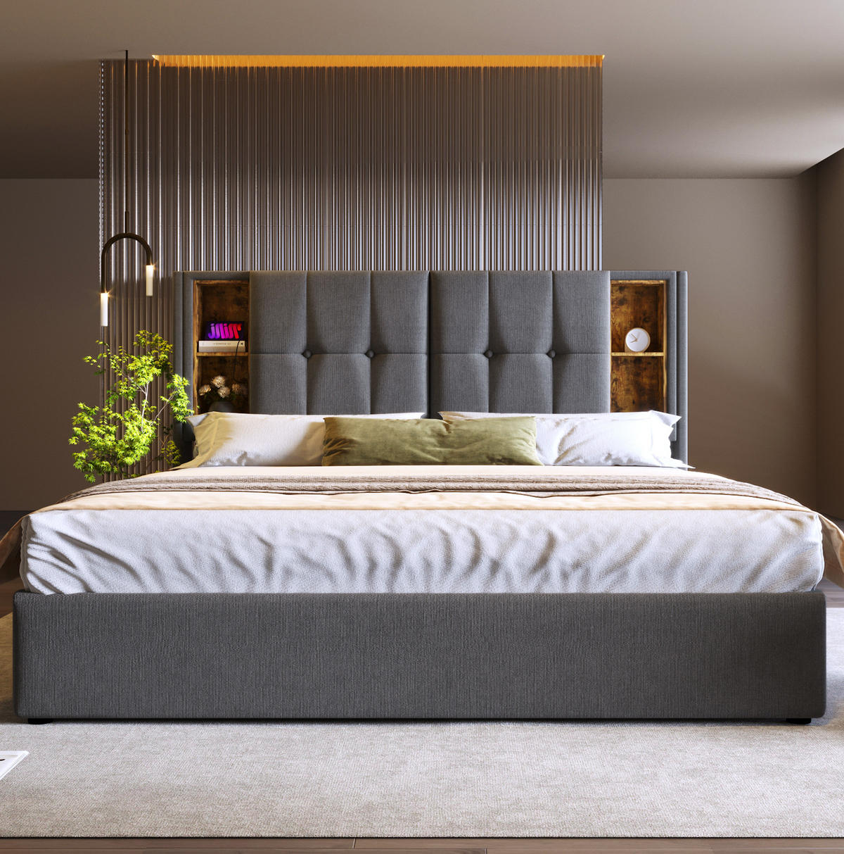 POLSTERBETT 140/200 cm mit kabellosem Laden, USB-C, Bettkasten und Kopfteilablagen, Grau - Grau, Textil (140/200cm) - Redom