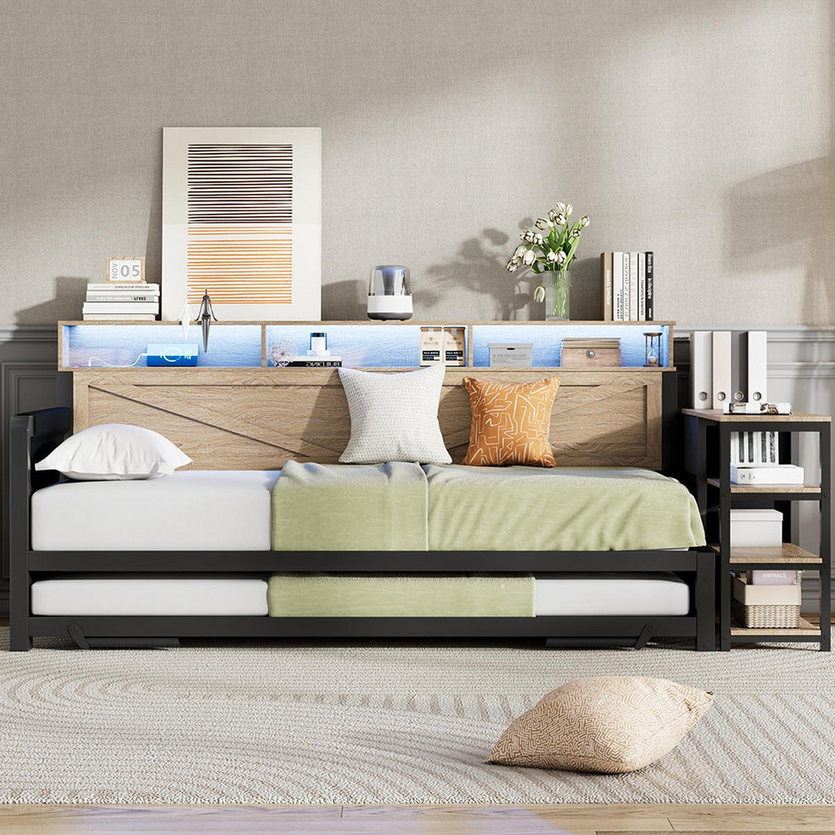 AUSZIEHBETT 90 x 200 cm, Metall in Schwarz - Schwarz, Metall (90/200cm) - KOMHTOM