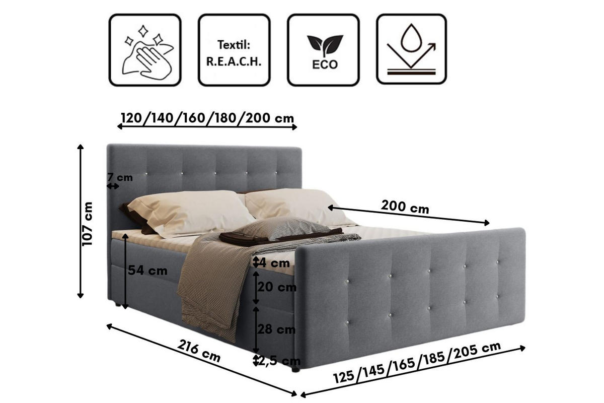 BOXBETT Mit Bettkasten Matratze Topper AMOR Aschgrau 200x200 cm H2-Pocket - Hellgrau/Schwarz, Holz/Holzwerkstoff (200/200cm) - Kaiser Möbel