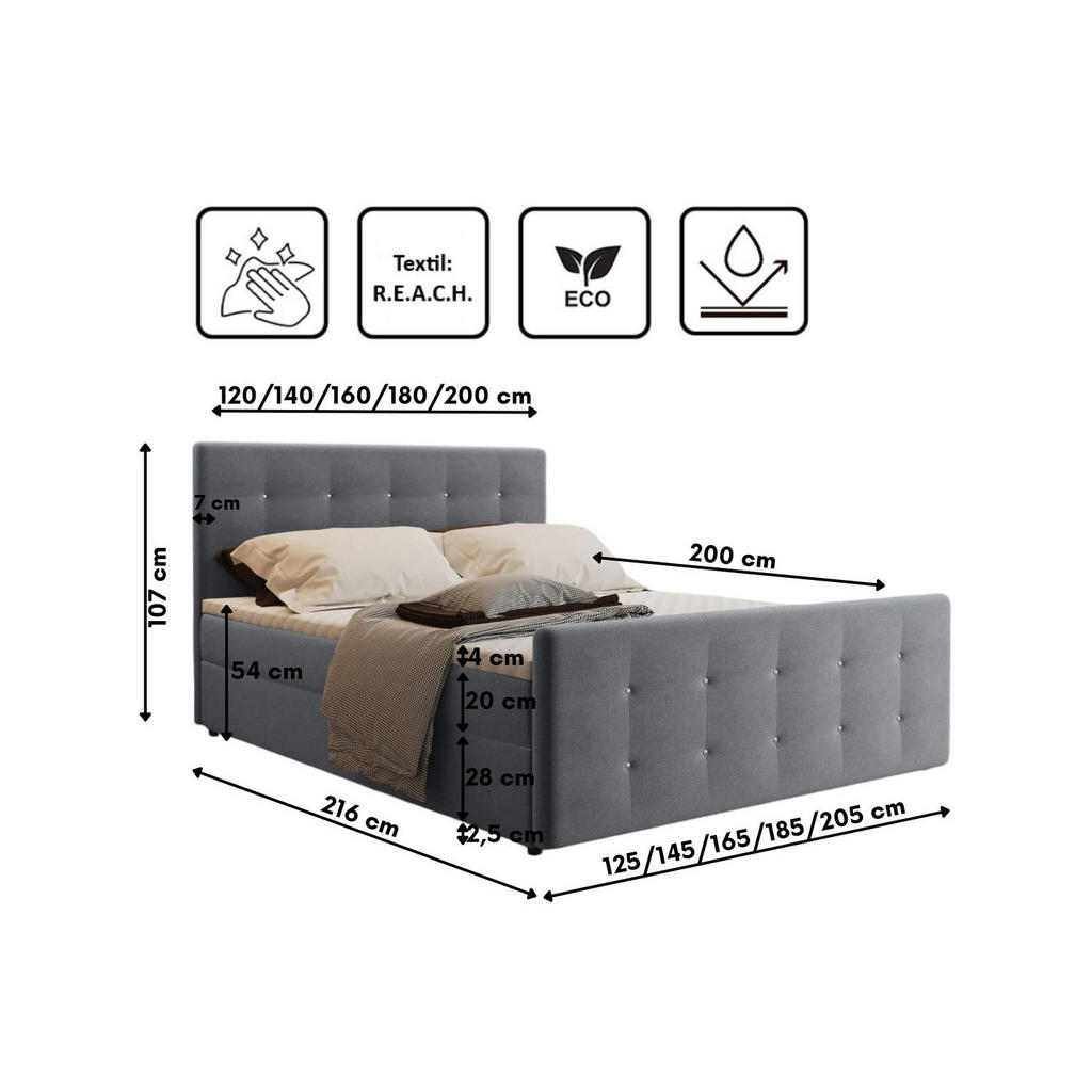 Thumbnail - Kaiser Möbel Boxbett, Hellgrau, Textil, H3, Höhe ca. 20 cm, 180x200 cm, Oeko-Tex® Standard 100, Schlafzimmer, Betten, Bo...
