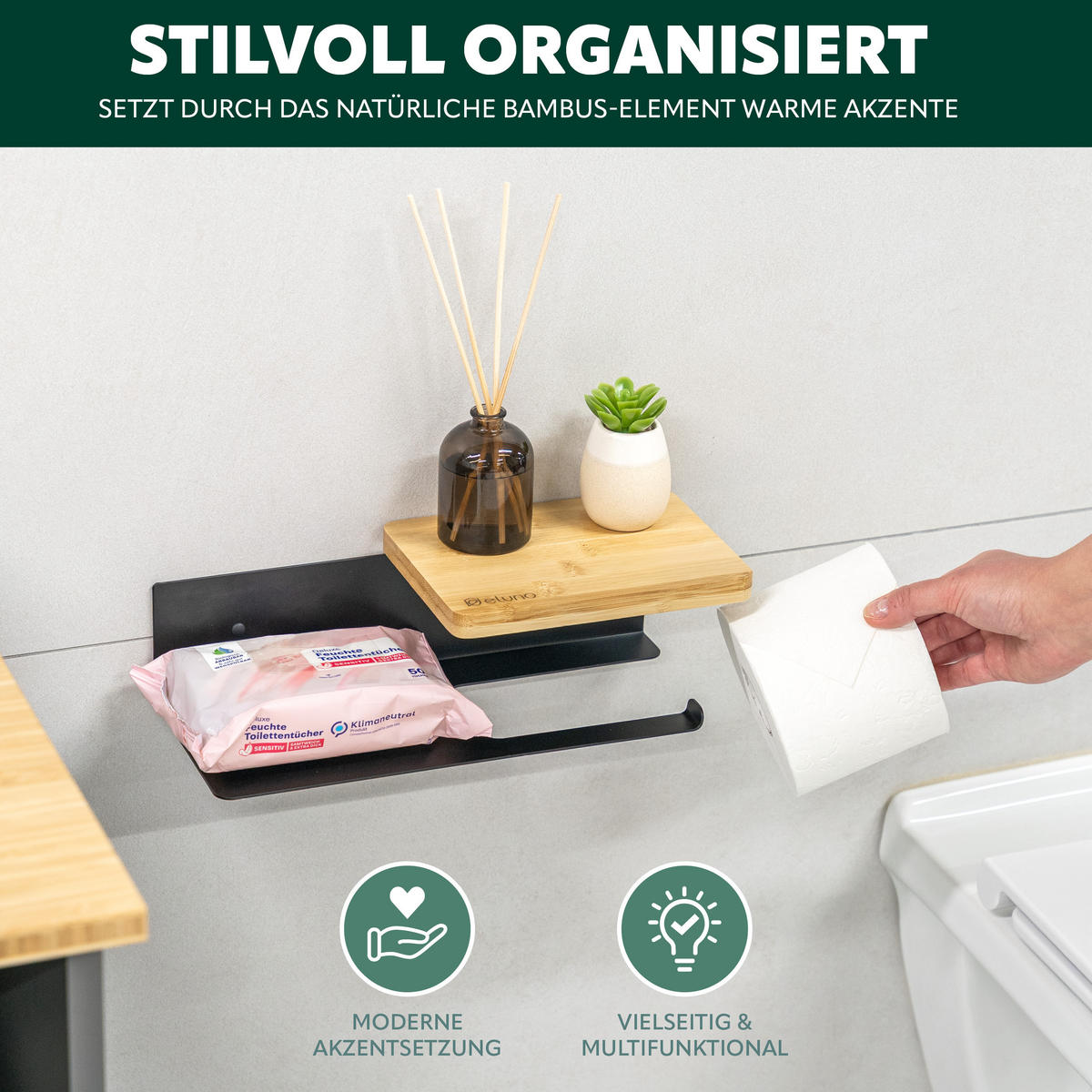 TOILETTENPAPIERHALTER VARAZ mit 2 Ablagen, Metall und Bambus - Schwarz, Metall (31.5/9.5/13cm) - eluno
