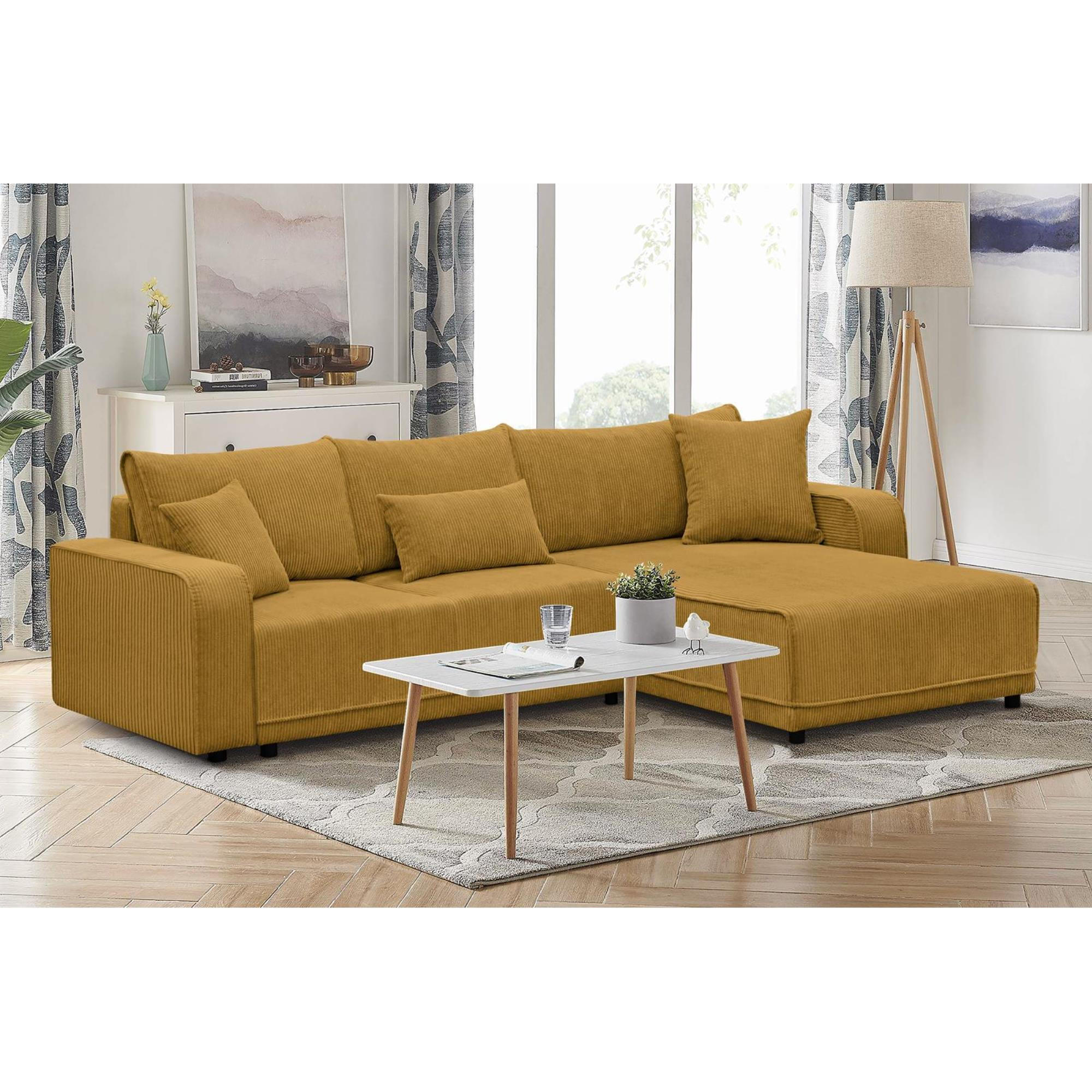 ECKSCHLAFSOFA Primo L gelb - Gelb/Schwarz, Textil (290/185cm) - Beautysofa
