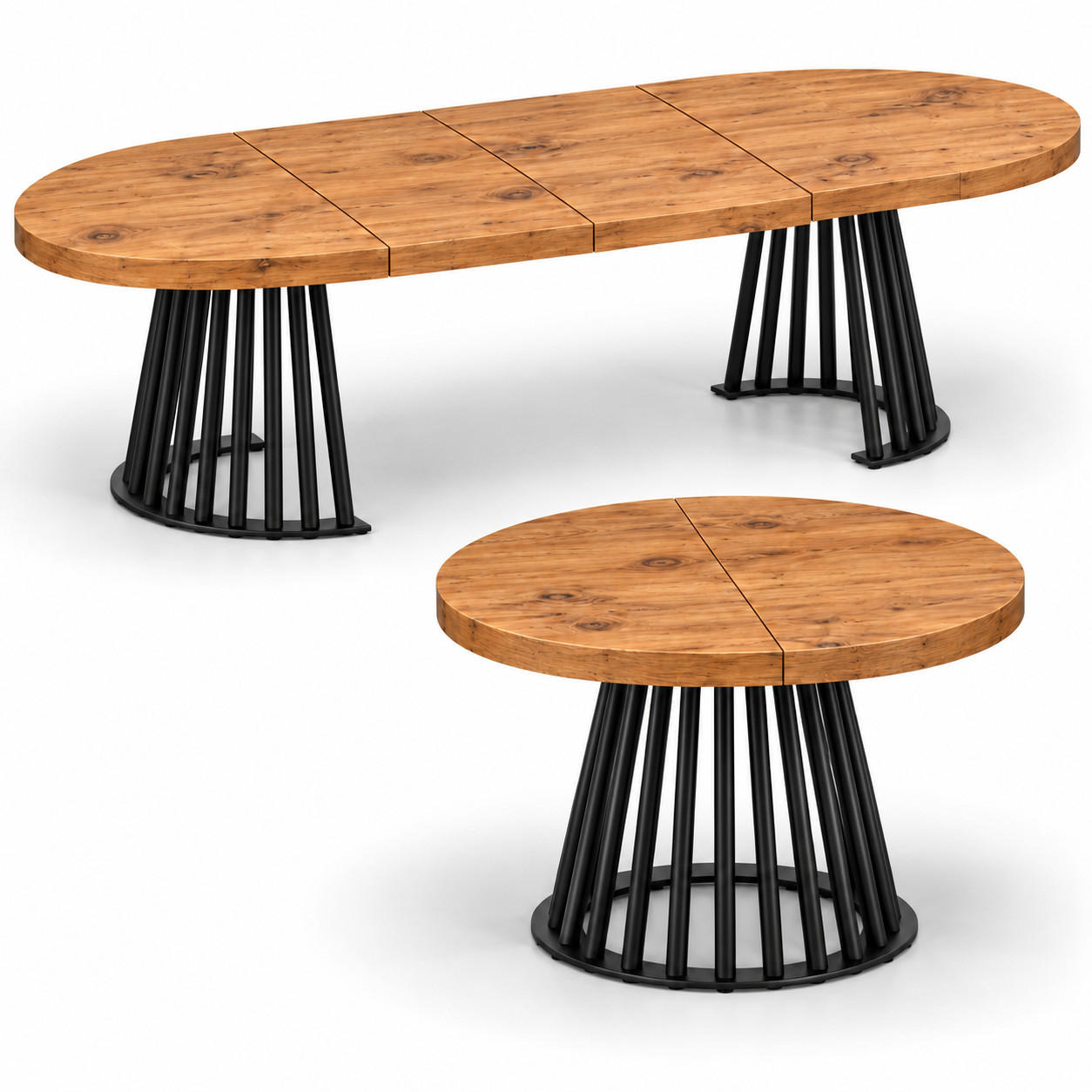 ESSTISCH rund ausziehbar 90/190/76 cm, Eiche Craft, 54 cm Tischplatte + Lamellen-Metallgestell Schwarz - Eichefarben/Schwarz, Holzwerkstoff/Metall (90/190/76cm) - Damale Möbel