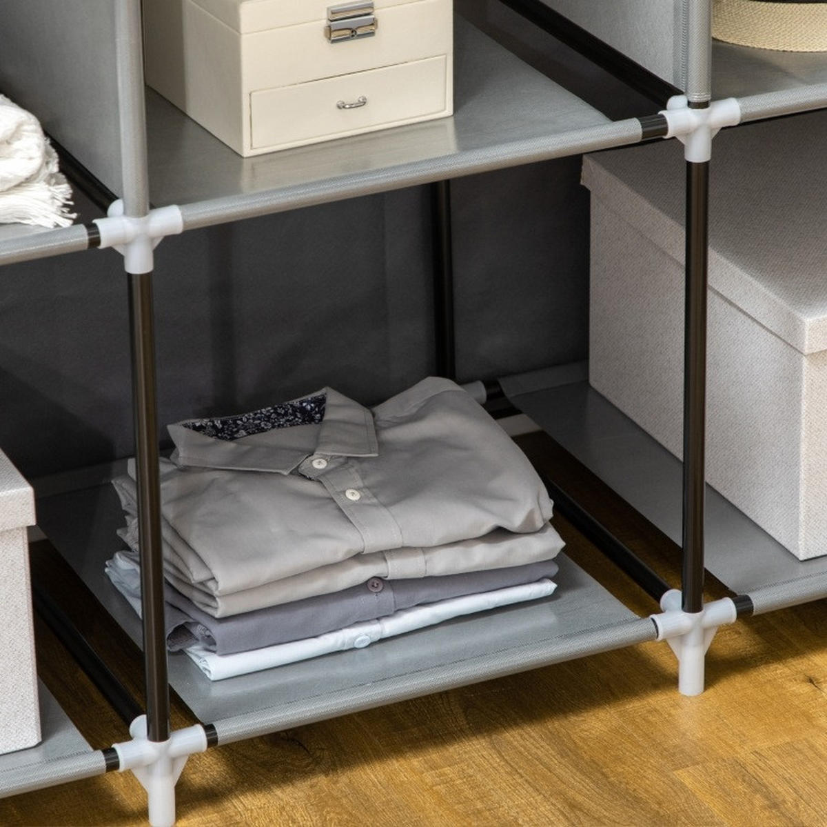 KLEIDERSCHRANK 125/43/162,5 cm aus Stoff mit 2 Kleiderstangen und 8 Fächern - Dunkelgrau, Textil (125/162.5/43cm) - BEAOK