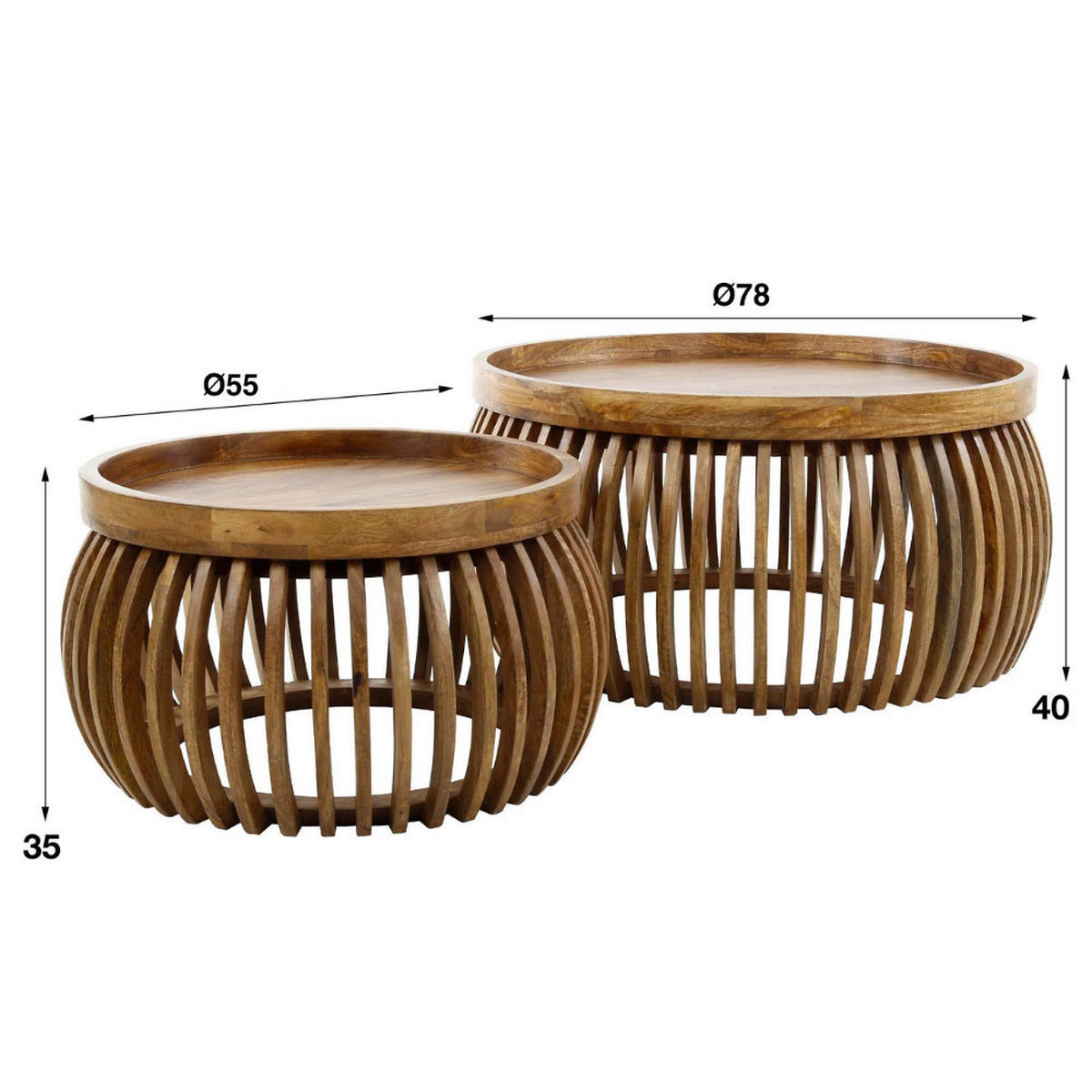 COUCHTISCH-SET DARIO GLOBE Satztische in edler Lamellen-Optik - Sandfarben, Holz (78/78/40cm) - alesvelt
