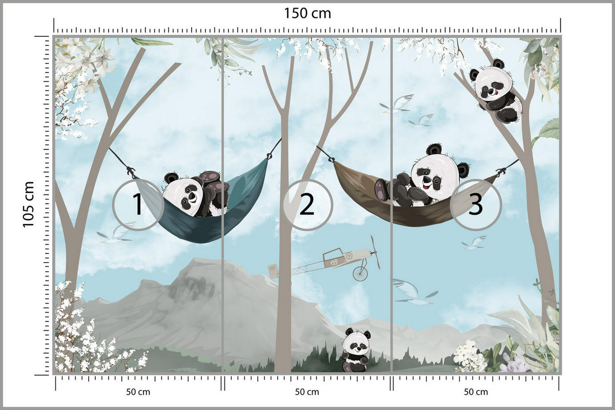 FOTOTAPETE für Kinderzimmer Pandas in Hängematten Märchenwald Blumen Berge 150x105 - Schwarz/Weiß, Papier (150/105cm) - Muralo