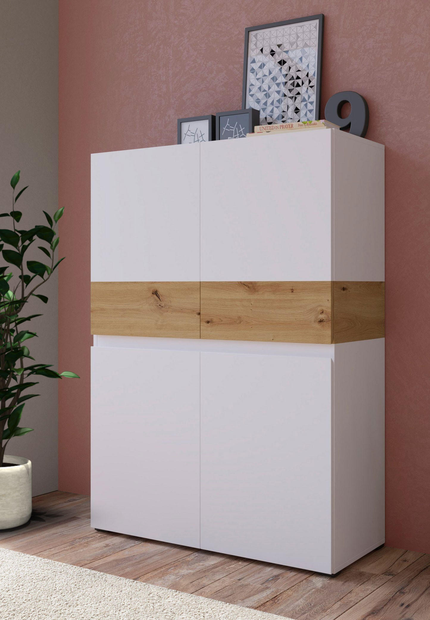 HIGHBOARD Rimini Weiß / Artisan Eiche 90 / 40 / 129,4cm - Weiß/Braun, Holz/Holzwerkstoff (90/130/40cm) - Feldmann-Wohnen