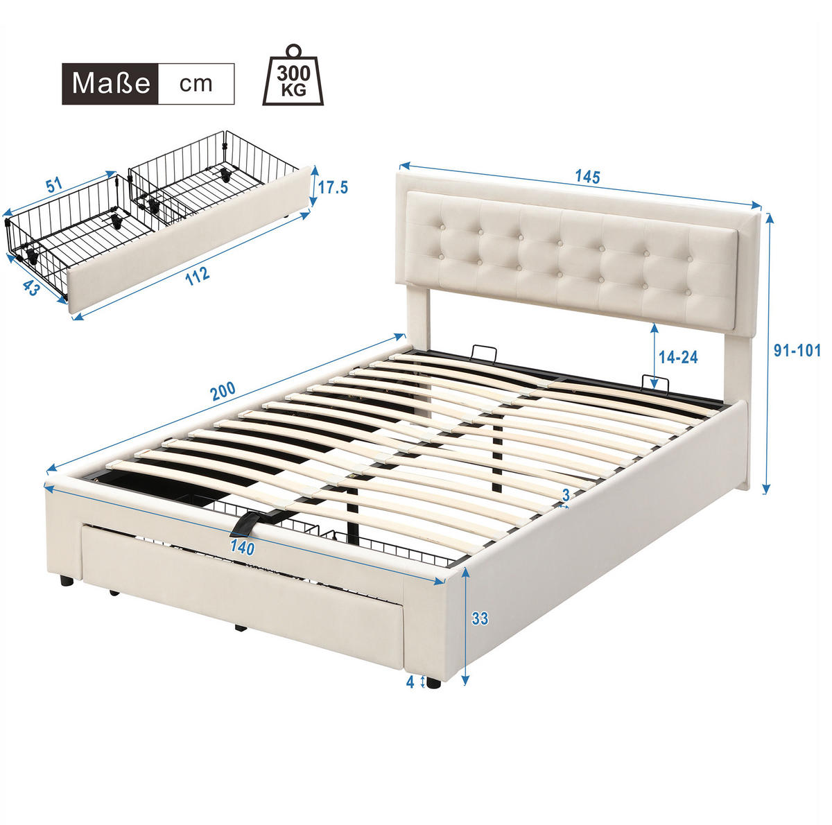 POLSTERBETT 140/200 cm mit verstellbarem Kopfteil, hydraulischem Stauraum und 2 Schubladen, Samt Beige - Beige, Textil (140/200cm) - Redom