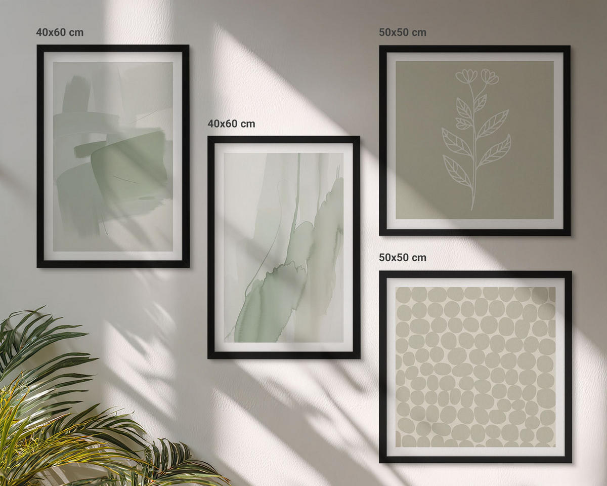 BILDER SET 4er Set - 50x50 cm & 40x60 cm Schwarzer Rahmen - Abstrakte Aquarellpflanzen - Schwarz, Kunststoff (50/50cm) - TULUP