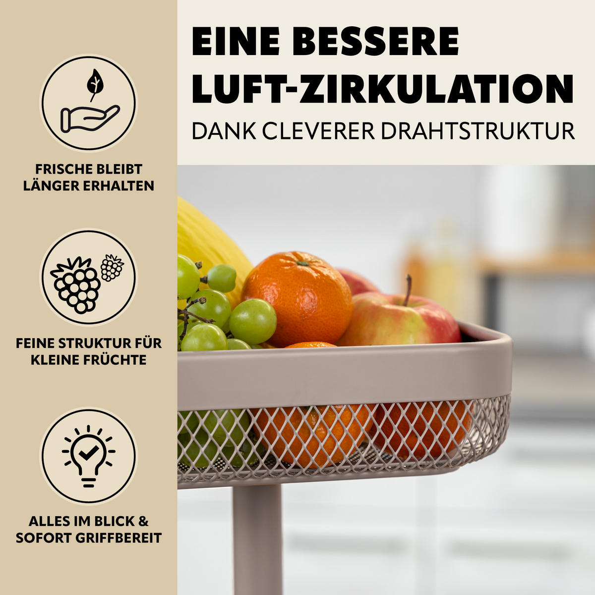 OBSTETAGERE, eckig, 2-stöckig, Ø 20 cm und 25 cm, taupe, Metall - Taupe, Metall (30cm) - eluno