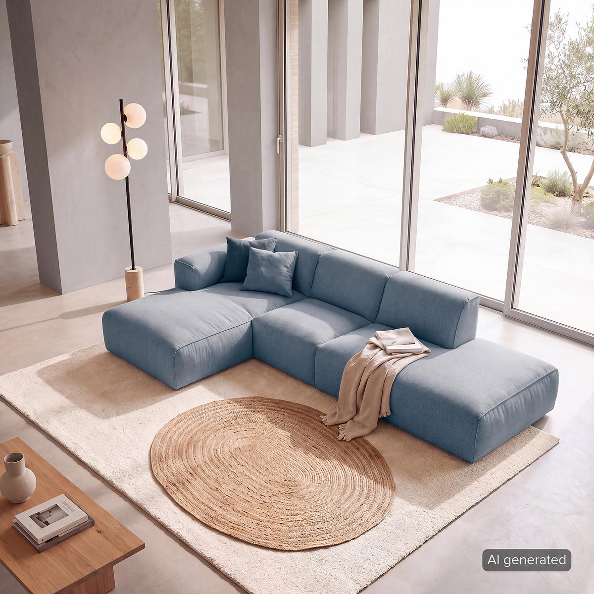 ECKSOFA mit Chaiselongue - Blaugrau/Schwarz, Kunststoff/Textil (290/173cm) - home24