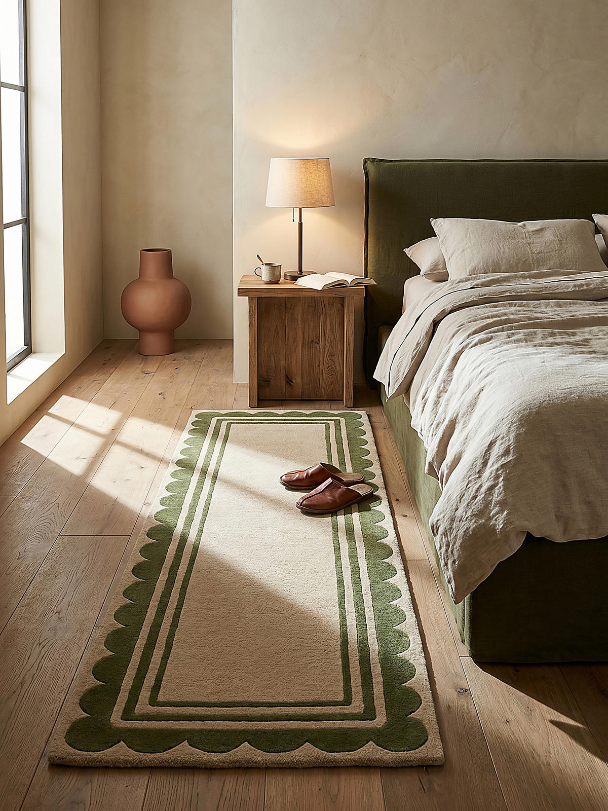 WOLLTEPPICH WENSUM, mit grafischem Muster mit Rahmen, Grün-Beige, 80 x 230 cm - Grün, Textil (80/230cm) - KADIMA DESIGN