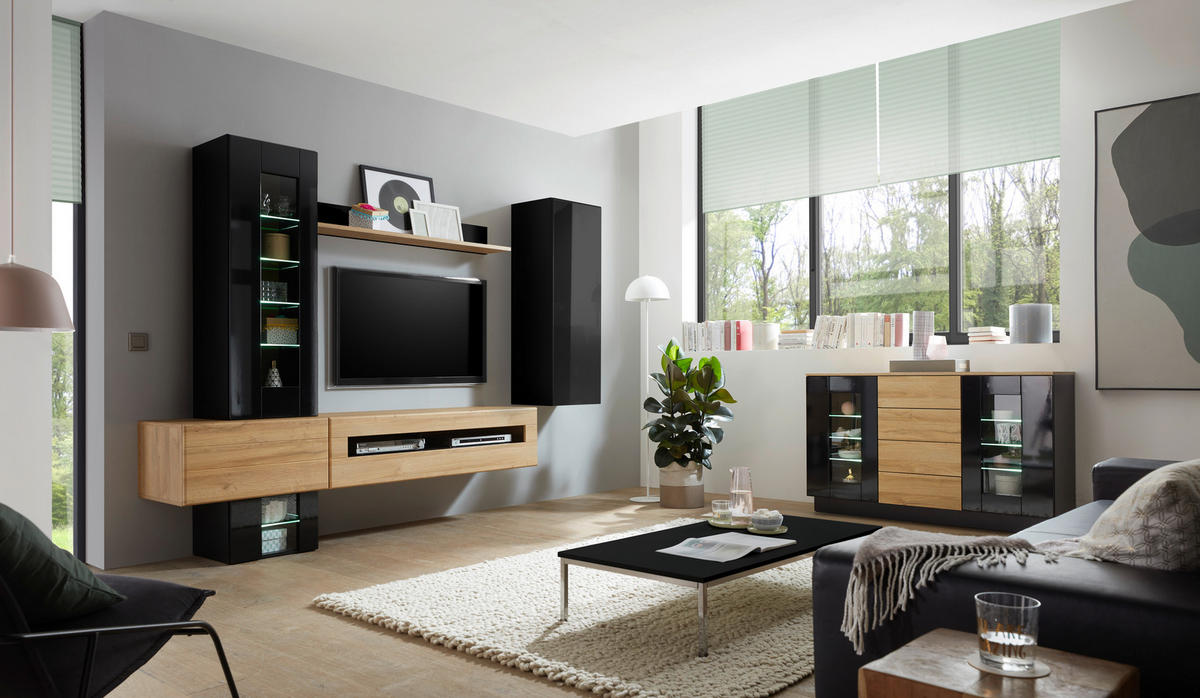 SIDEBOARD M14 Schwarz Hochglanz & Grandson Oak hell 136/85/43 cm schmal mit Glasausschnitt - Schwarz Hochglanz, Holzwerkstoff (136/85/43cm) - Livojo