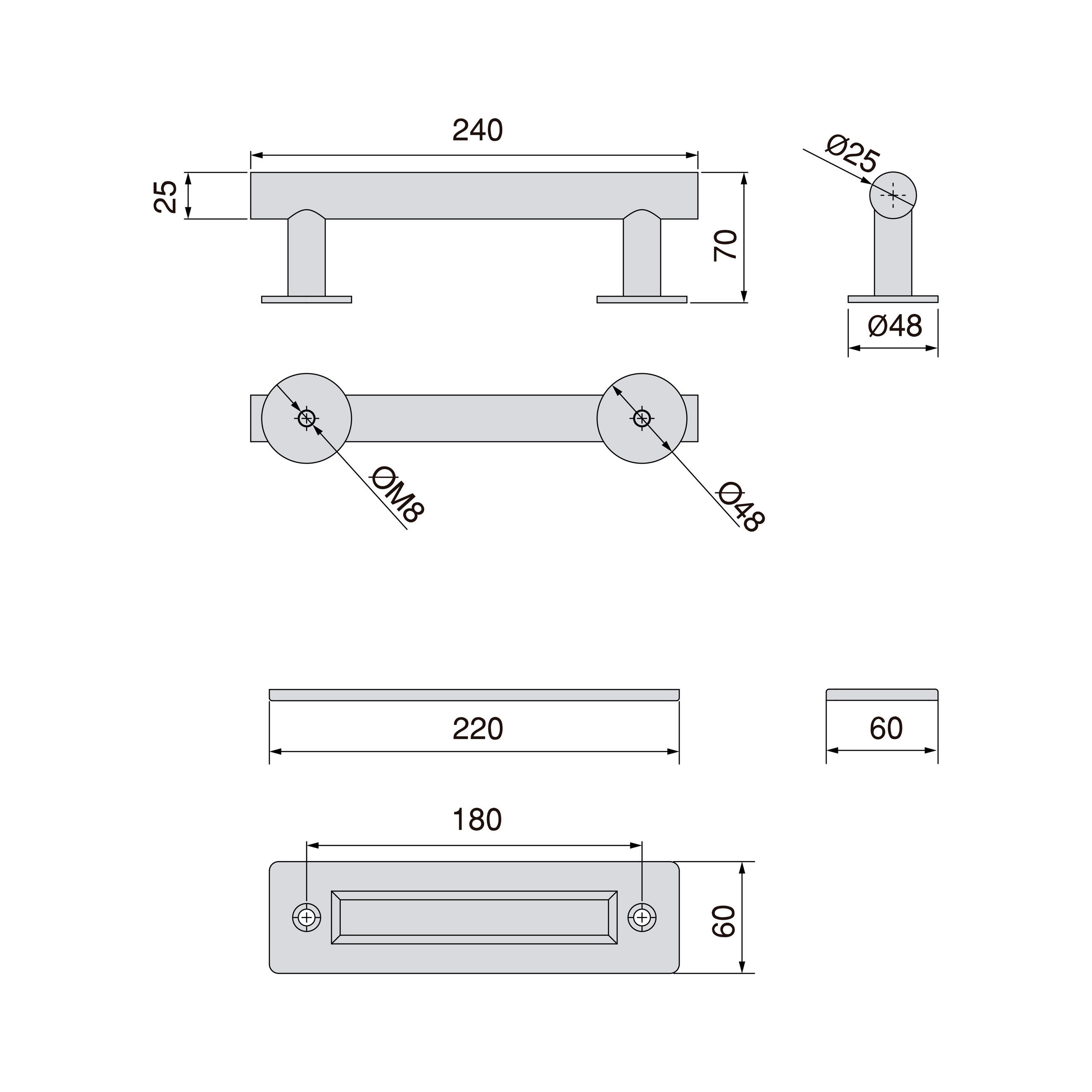 GRIFF für Holzschiebetüren Pasadena, Länge 240 mm, 180 mm Achsenabstand, Stahl, Schwarz strukturiert - Schwarz, Metall (4.8/7/24cm) - EMUCA
