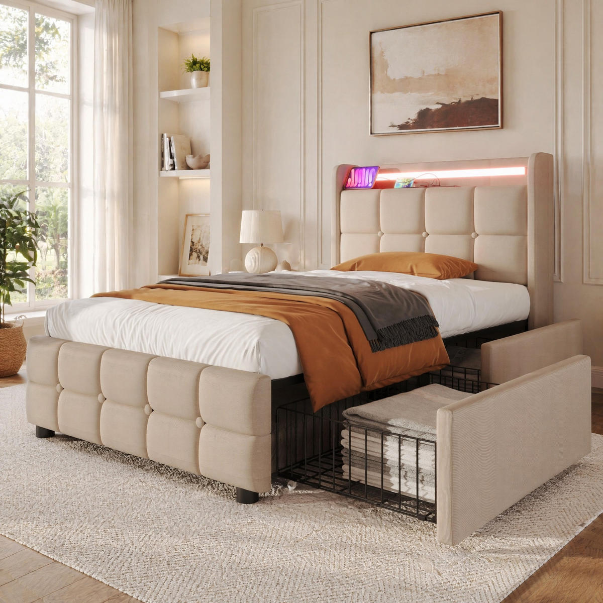 POLSTERBETT 90/200 mit LED, USB-Anschlüssen und Schubladen in Beige - Beige, Holzwerkstoff/Textil (90/200cm) - EVRYAE