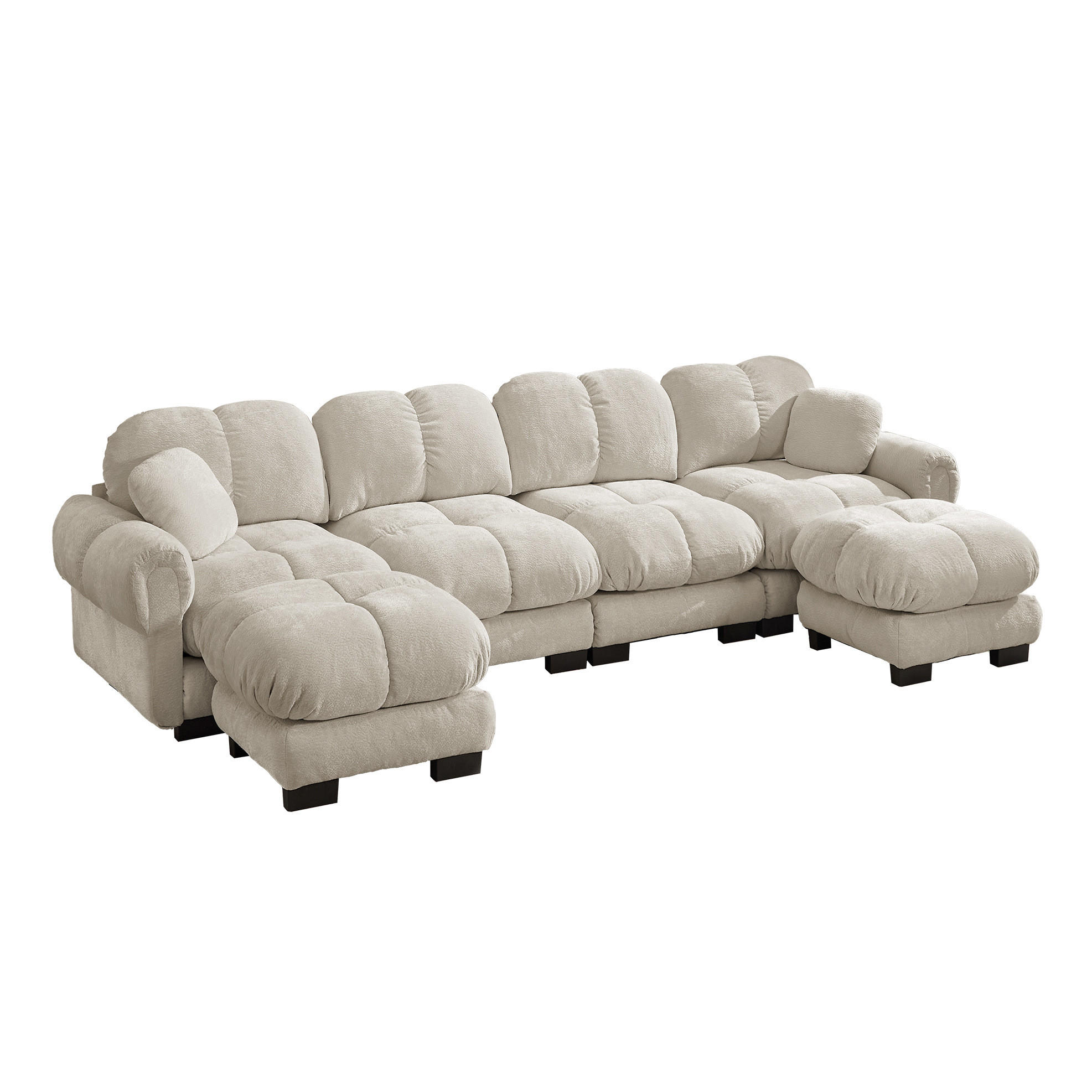 SOFA in U-Form mit 2 mobilen Ottomane Chenille Light Khaki - Hellbraun, Holz (149/90/330.1cm) - Meubliv