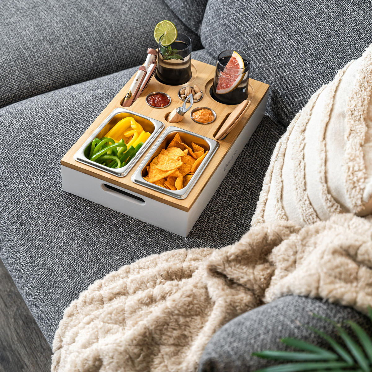 COUCHBAR mit abnehmbarem Deckel, Bambus, weiß - Creme, Holz (40/8/26cm) - eluno