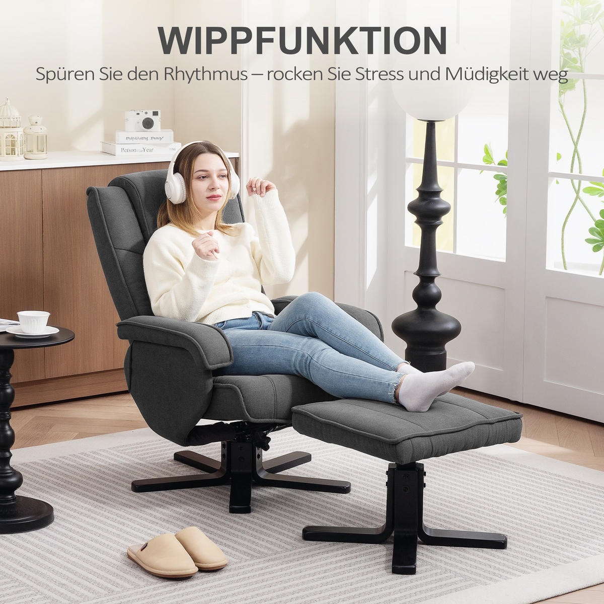 RELAXSESSEL mit Hocker, drehbarer Fernsehsessel mit Liegefunktion, Wippfunktion - Dunkelgrau, Kunststoff (67/96/87cm) - HOMCOM