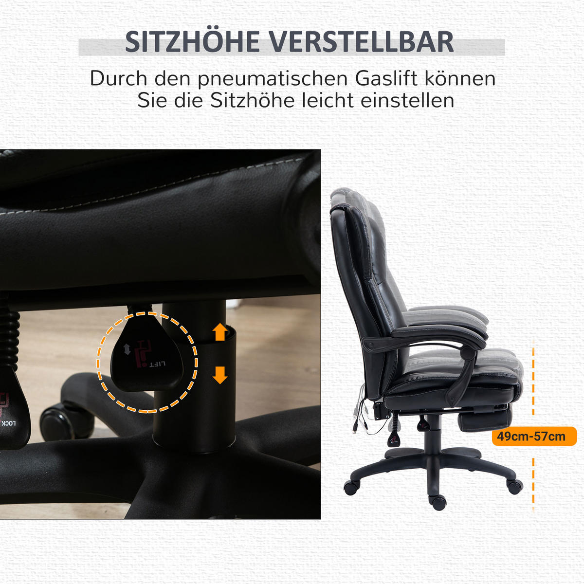 VERSTELLBARER Drehstuhl mit Fußstütze, Kopfstütze, Massagefunktion, Schwarz - Schwarz, Kunststoff (68.5/121/68.5cm) - Vinsetto