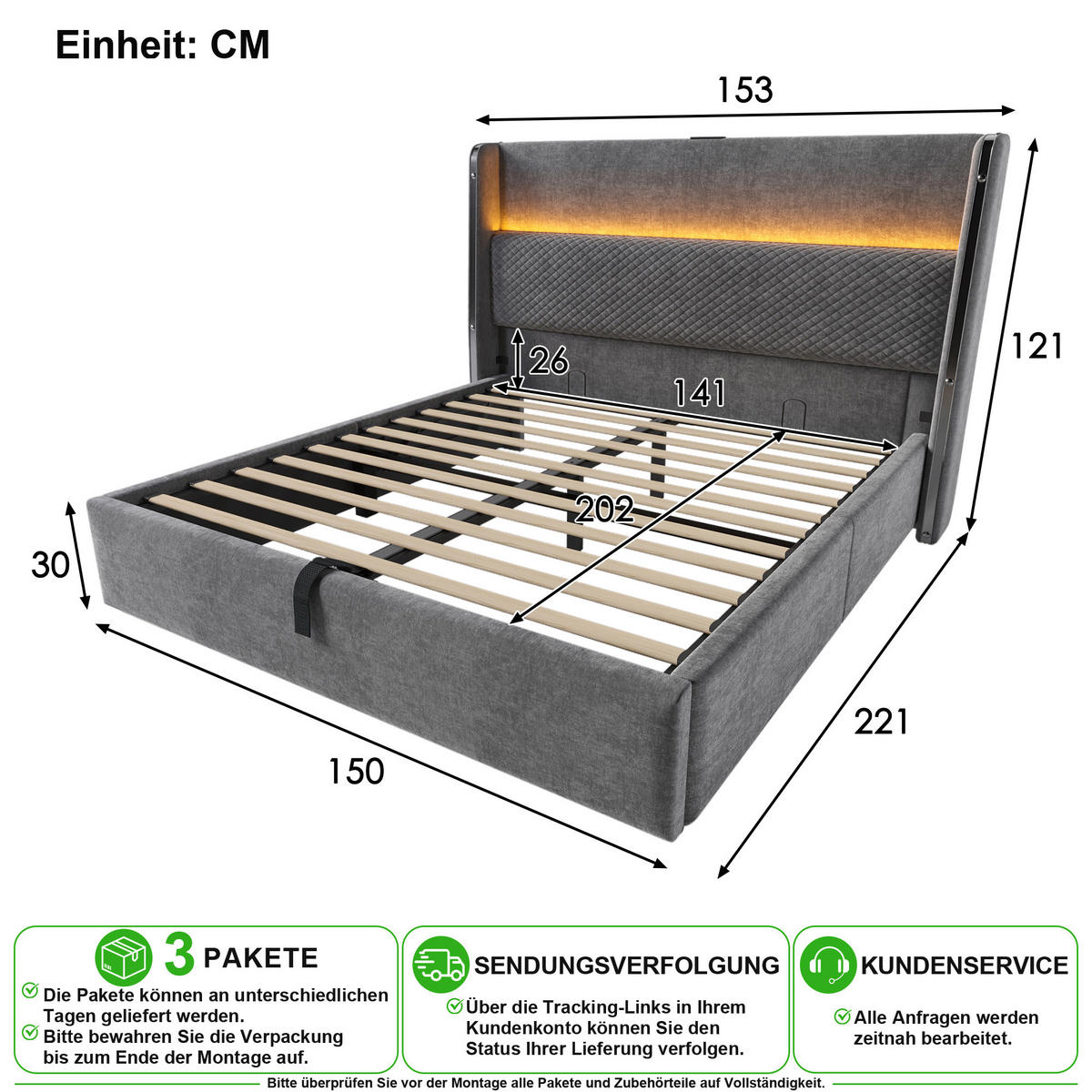 POLSTERBETT 140/200 cm in Grau Leinen mit Bettkasten, LED, USB/Type-C und Matratze - Grau, Holzwerkstoff/Textil (140/200cm) - CHICFURN