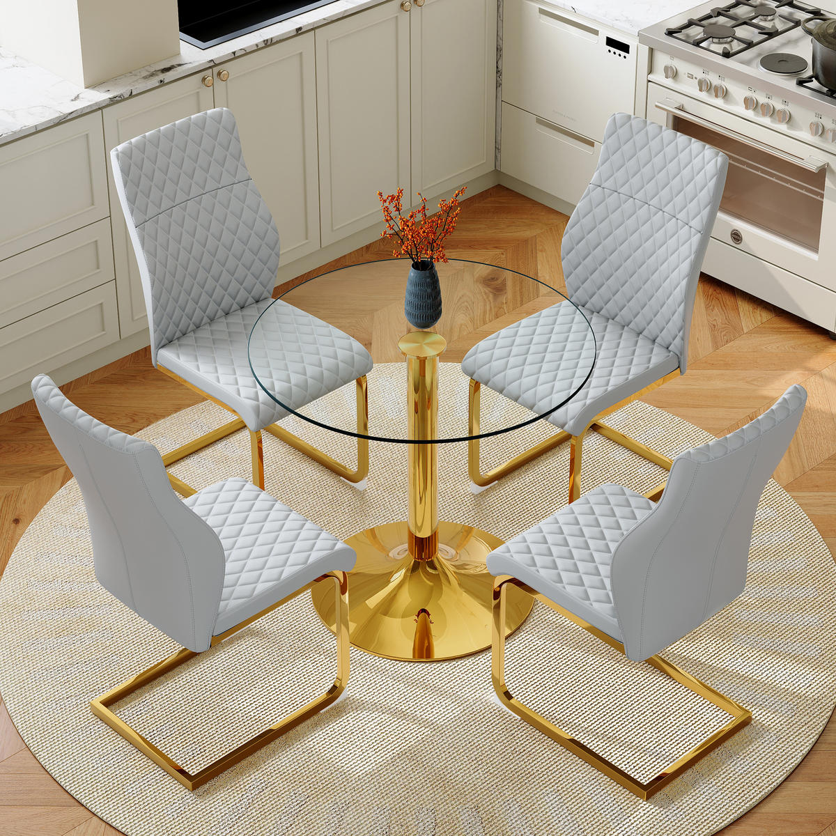 ESSGRUPPE DE-39470 5-teilig, Glastisch und 4 Stühlen mit Rautenmuster Hellgrau - Hellgrau, Metall (85/75/85cm) - ComfortXL