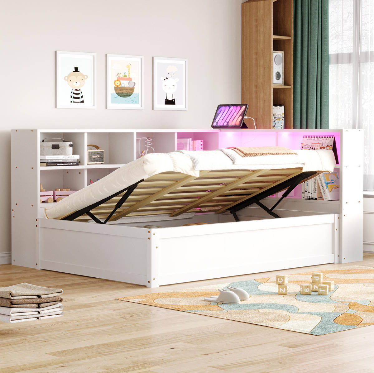 BETT 90/200 cm Weiß aus Holz mit Stauraum und LED-Lichtleiste - Weiß, Holz (90/200cm) - OKMYHOME