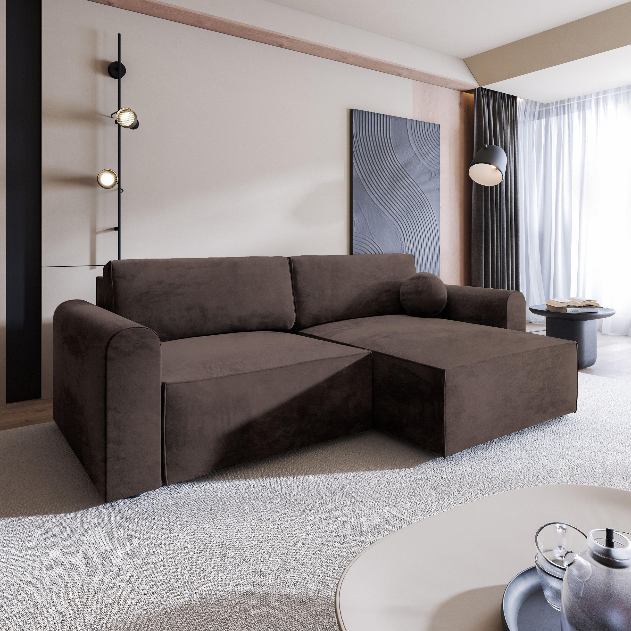 ECKSOFA FIANO M Braun Velours-Stoff mit Schlaffunktion - Braun, Holz (245/148cm) - MASSENO