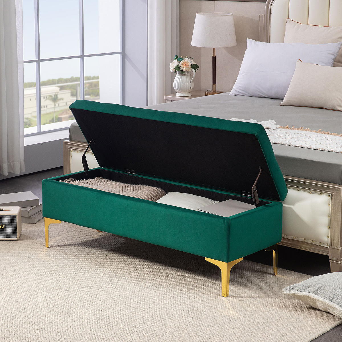 SITZBANK mit Stauraum, Polsterbank mit Samtoptik, Metallbeine, für Wohnzimmer - Goldfarben/Grün, Kunststoff/Textil (44/44.5/120cm) - HOMCOM