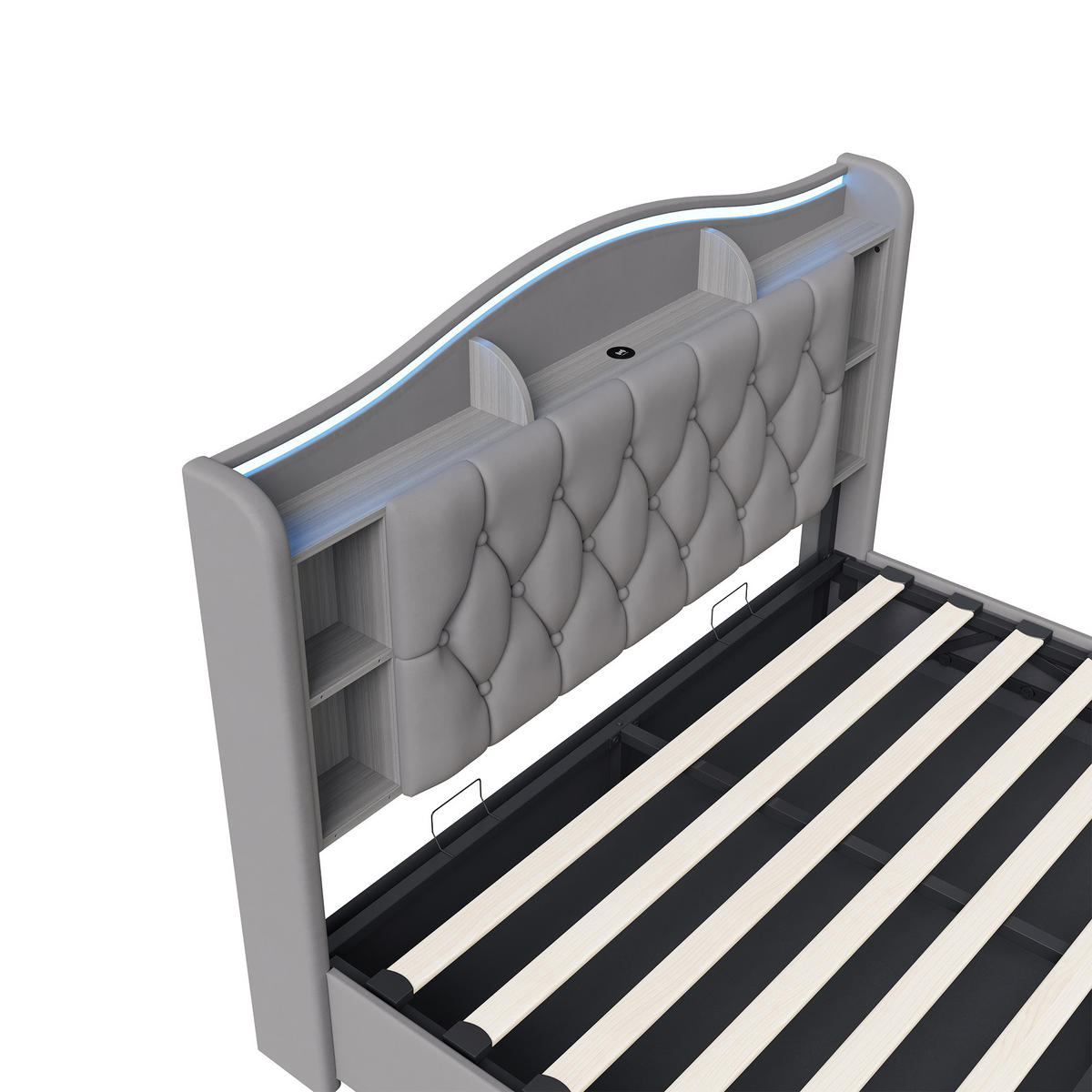 POLSTERBETT 140x190 cm LED USB C Stauraum Lattenrost Samt grau - Grau, Holz (140/190cm) - LEBENLANG