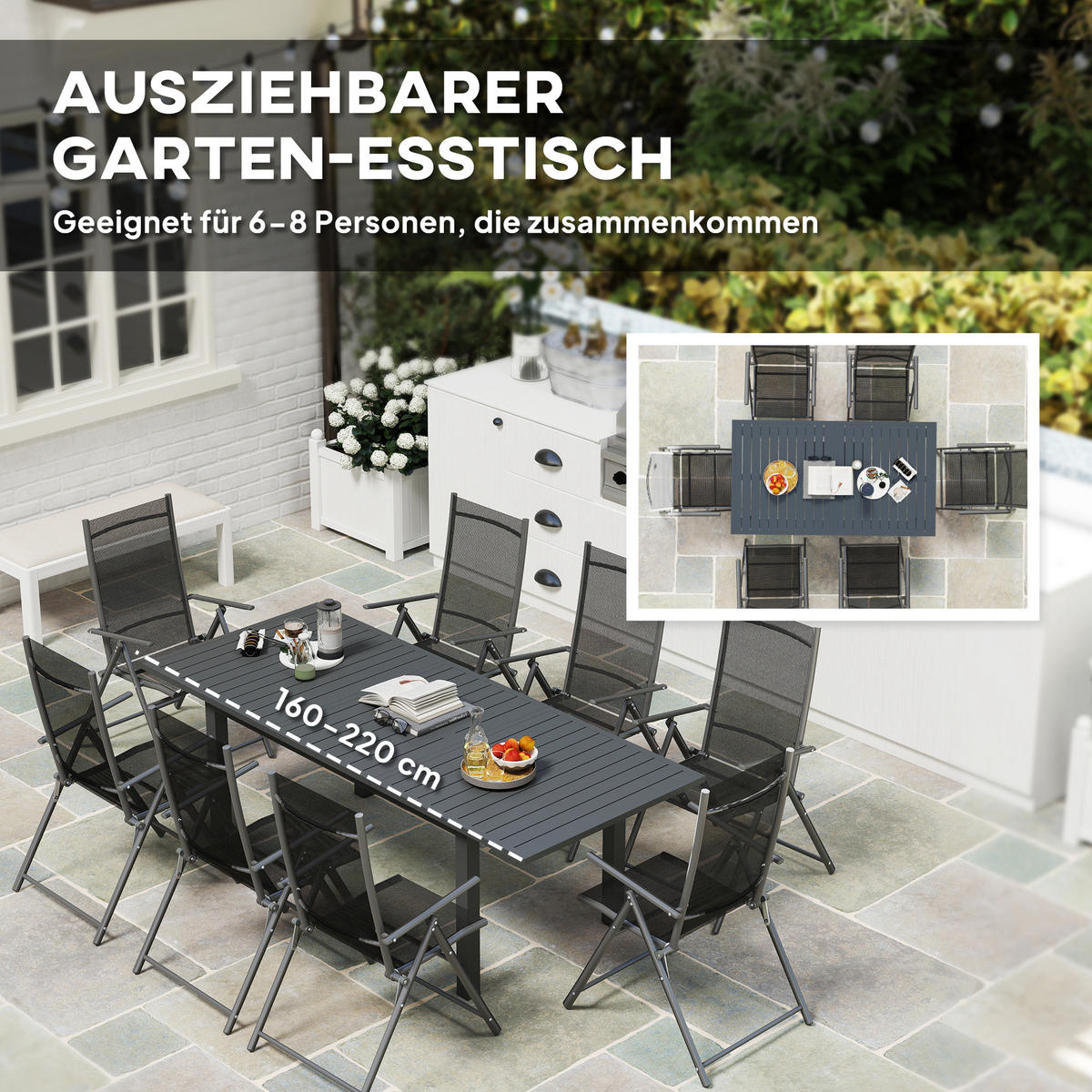 GARTENTISCH Erweitert Aluminium 160/220 x 90 cm - Grau, Metall (220/90/73cm) - Outsunny