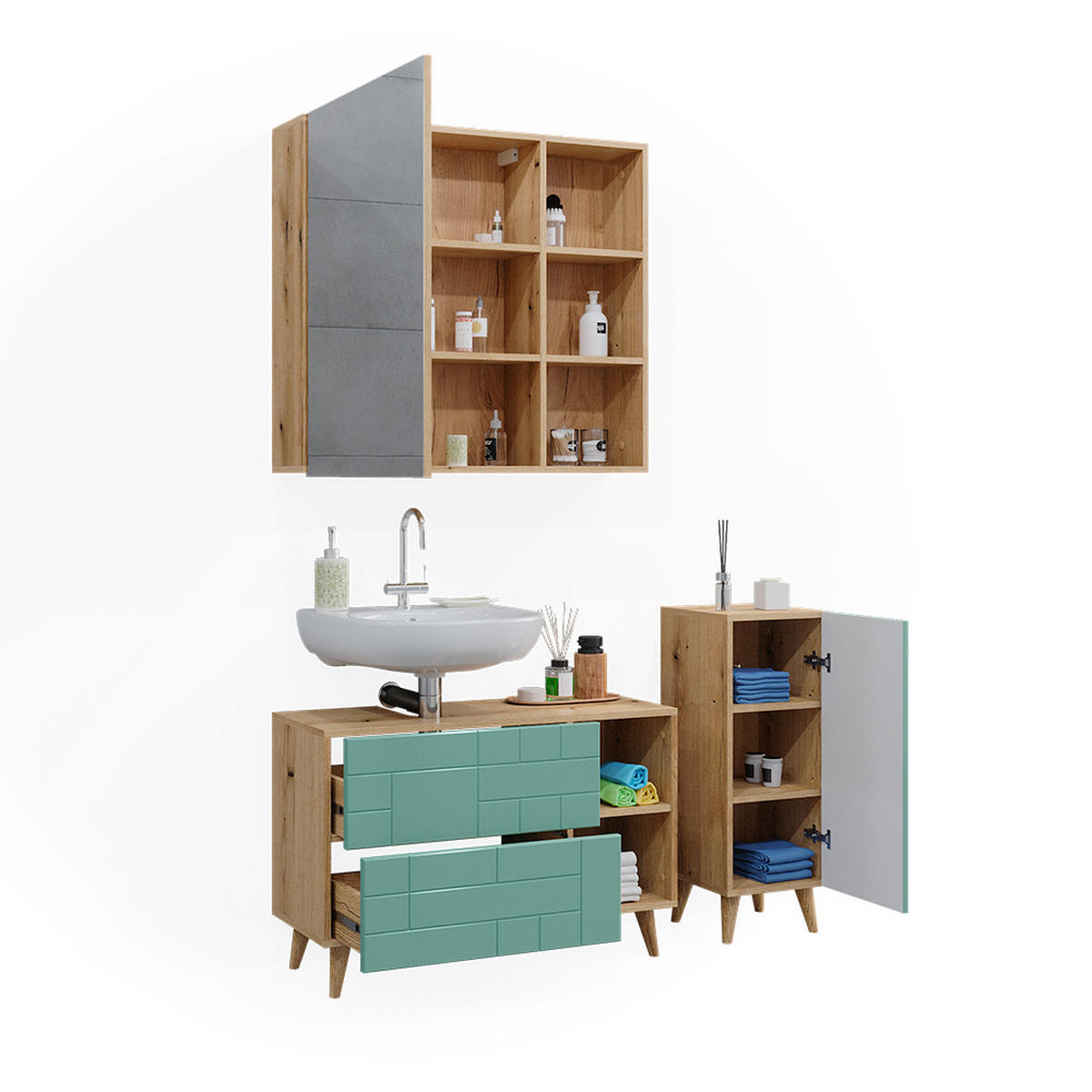BADMÖBEL-SET Rudi Mintgrün 3 Teile - Eichefarben/Mintgrün, Holzwerkstoff (90/59/32cm) - Vicco