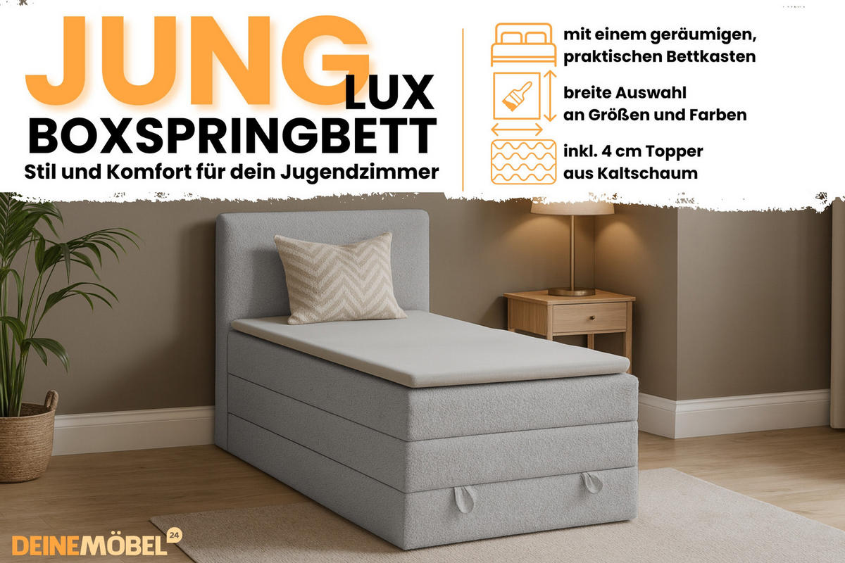 BOXBETT JUNG LUX 90/200 in Boucle Hellgrau - Hellgrau, Holz/Holzwerkstoff (90/200cm) - Deine Möbel 24