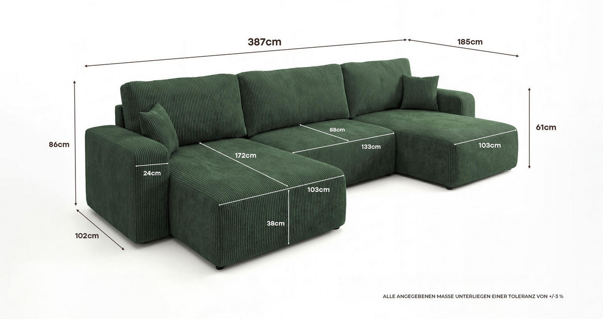 SEDACÍ souprava BERLIN tvar U zelená manšestr Poso 14 - funkce spaní, úložný prostor - zelená barva, textil (385/86/185cm) - Cornero