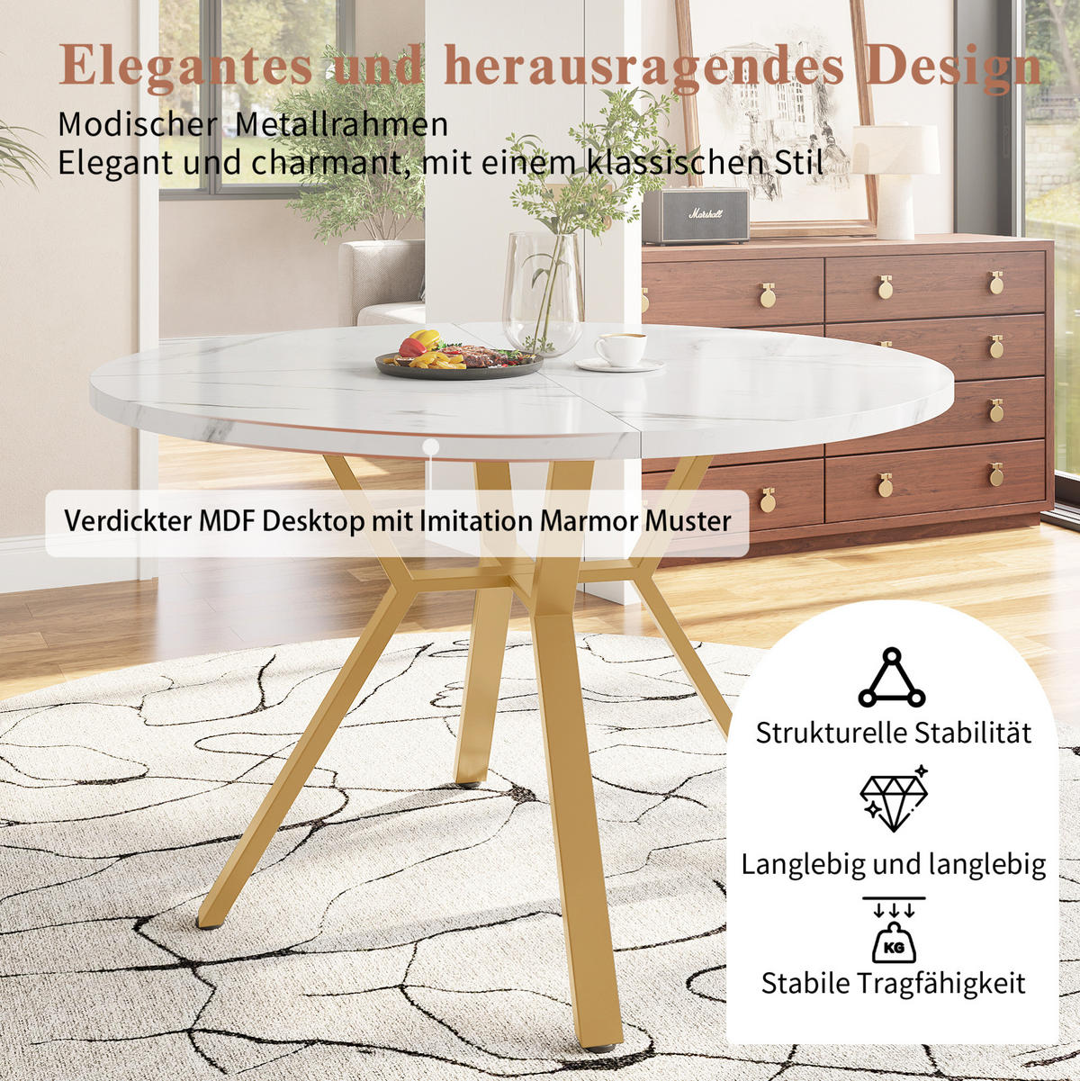 ESSTISCH, MDF in Marmoroptik mit Metallgestell, Ø 100/75 cm, Weiß/Gold - Goldfarben, Holzwerkstoff (100/100/75cm) - Redom