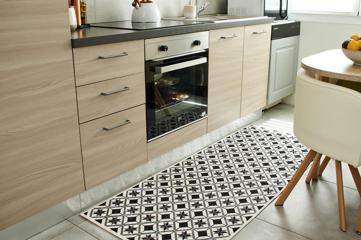 KÜCHENTEPPICH mit schwarzem Zementfliesenmuster Azulejo 80x300 cm - Schwarz, Textil (80/300cm) - Nazar Rugs