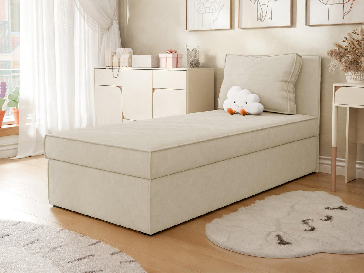 PAT CU LADĂ DE DEPOZITARE Posi - bej/negru, material plastic/material textil (90/200cm) - MIRJAN24