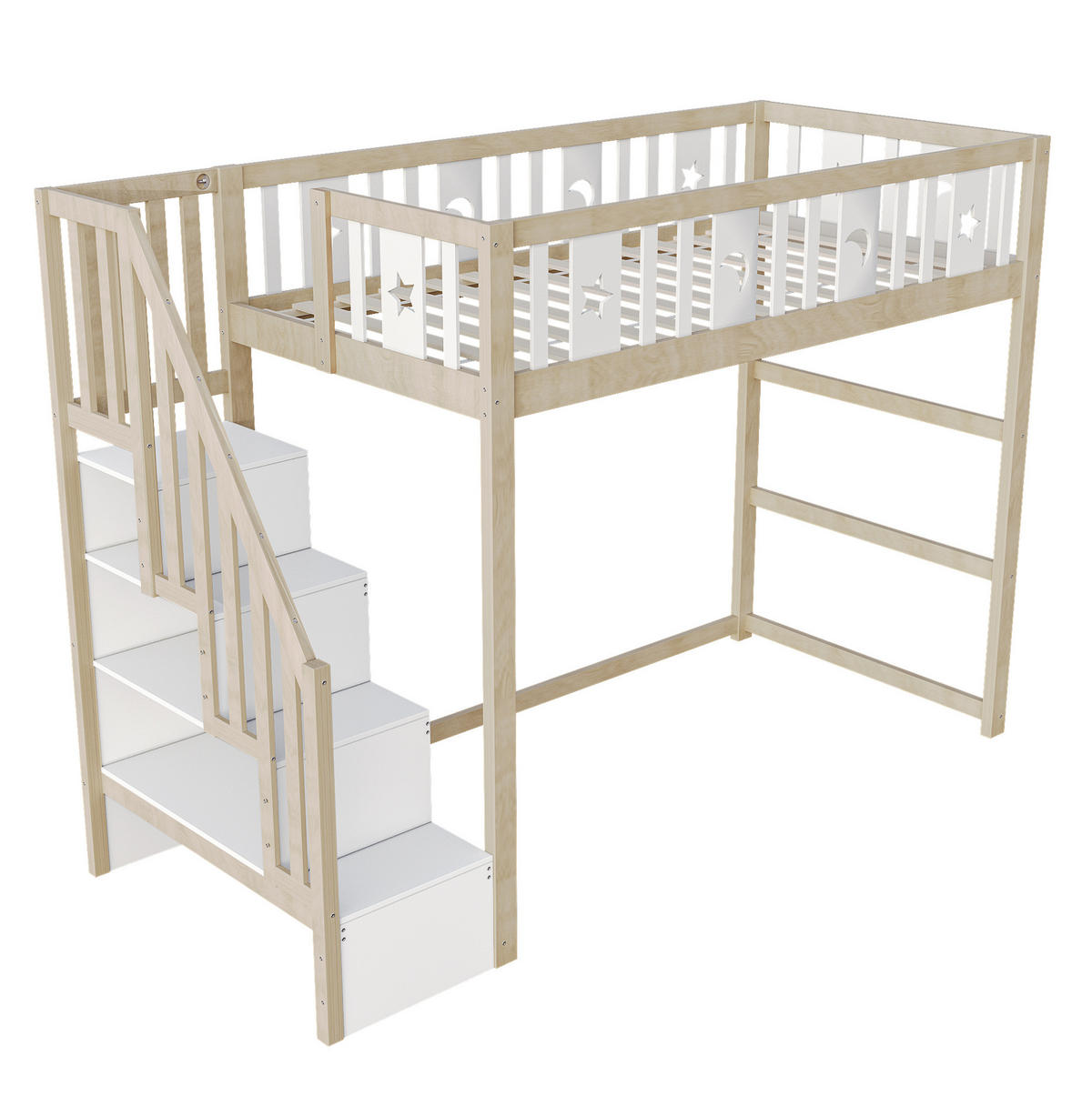 HOCHBETT 90/200 cm mit Treppe, Regalen und Stern-Mond-Geländer, Weiß/Natur - Naturfarben, Holzwerkstoff (90/200cm) - Redom