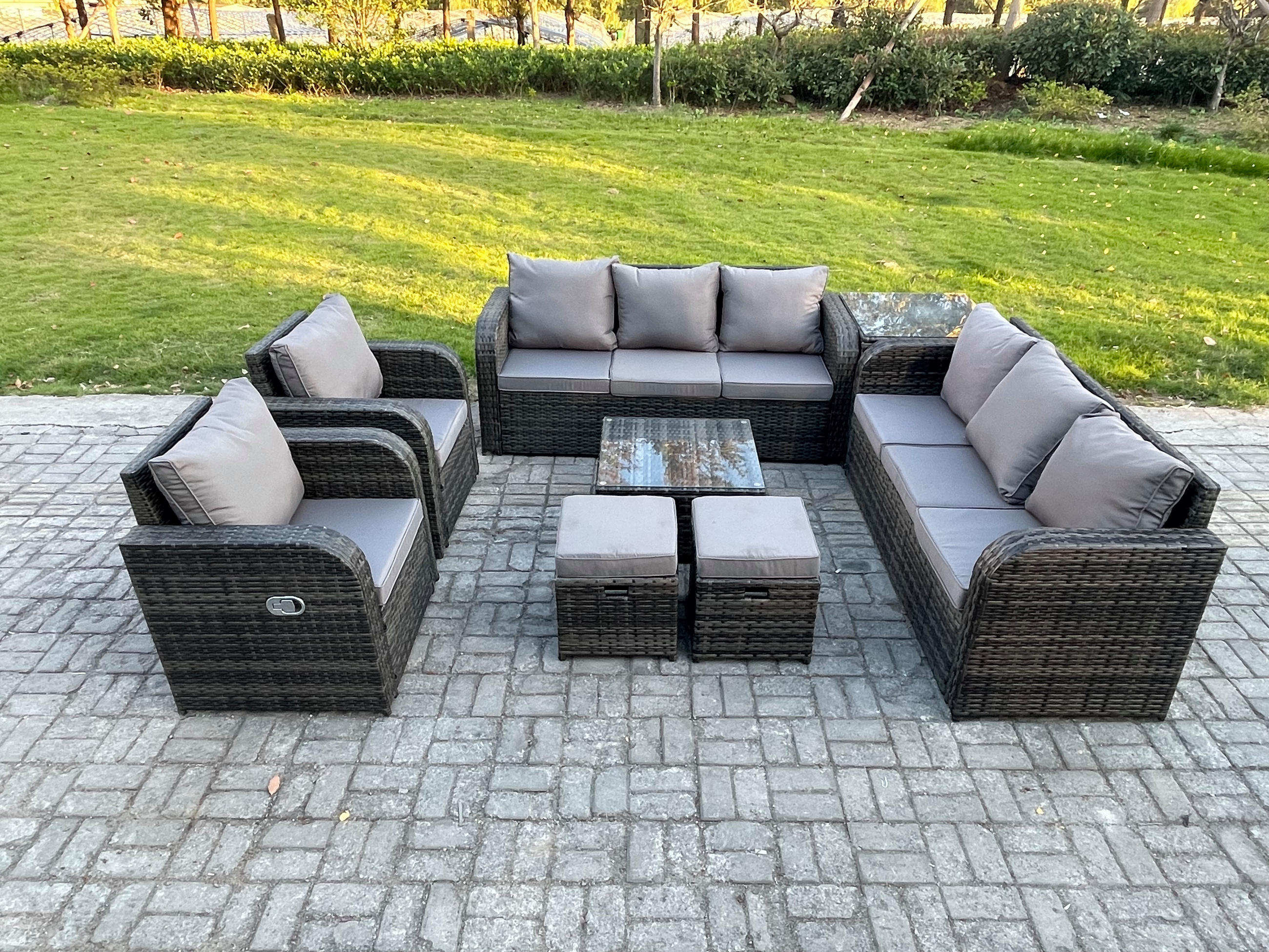 GARTENTISCHGRUPPE Polyrattan Dunkelgrau 8-teilige - Dunkelgrau/Grau, Glas/Kunststoff - Fimous