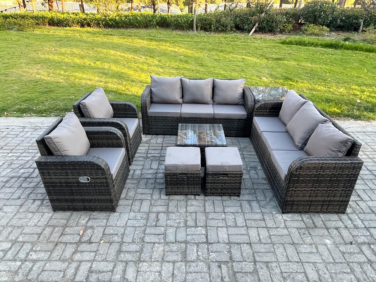 GARTENTISCHGRUPPE Polyrattan Dunkelgrau 8-teilige - Dunkelgrau/Grau, Glas/Kunststoff - Fimous