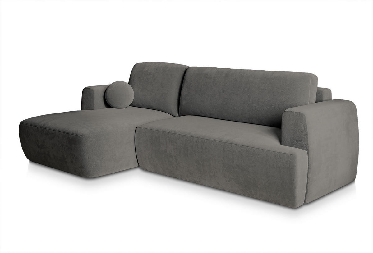 ECKSOFA SENTI K L-S Grau Plüsch-Stoff mit Schlaffunktion - Grau, Holz (246/148cm) - MASSENO