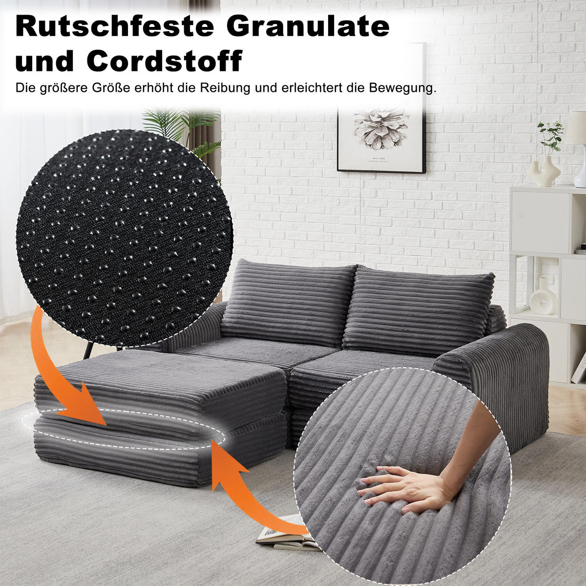 SCHLAFSOFA, Cord mit modularem Aufbau & abnehmbarer Fußstütze, 243/194/53 cm, Grau - Grau, Textil (243/53/194cm) - Redom