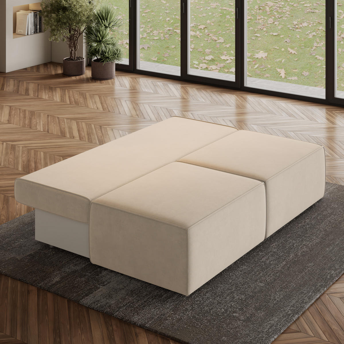ECKSOFA VARNA M Creme Velours-Stoff mit Schlaffunktion - Creme, Holz (196/158cm) - MASSENO