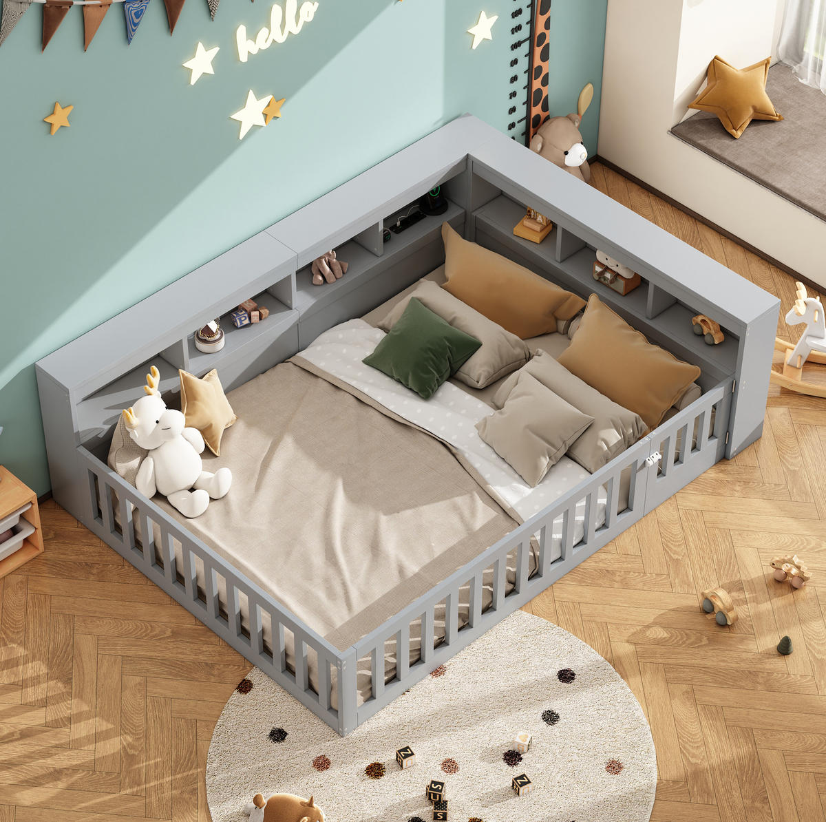 KINDERBETT 140/190 cm Grau mit Stauraum, Lattenrost und Steckdose mit USB - Grau, Holzwerkstoff (140/190cm) - Flora Grace