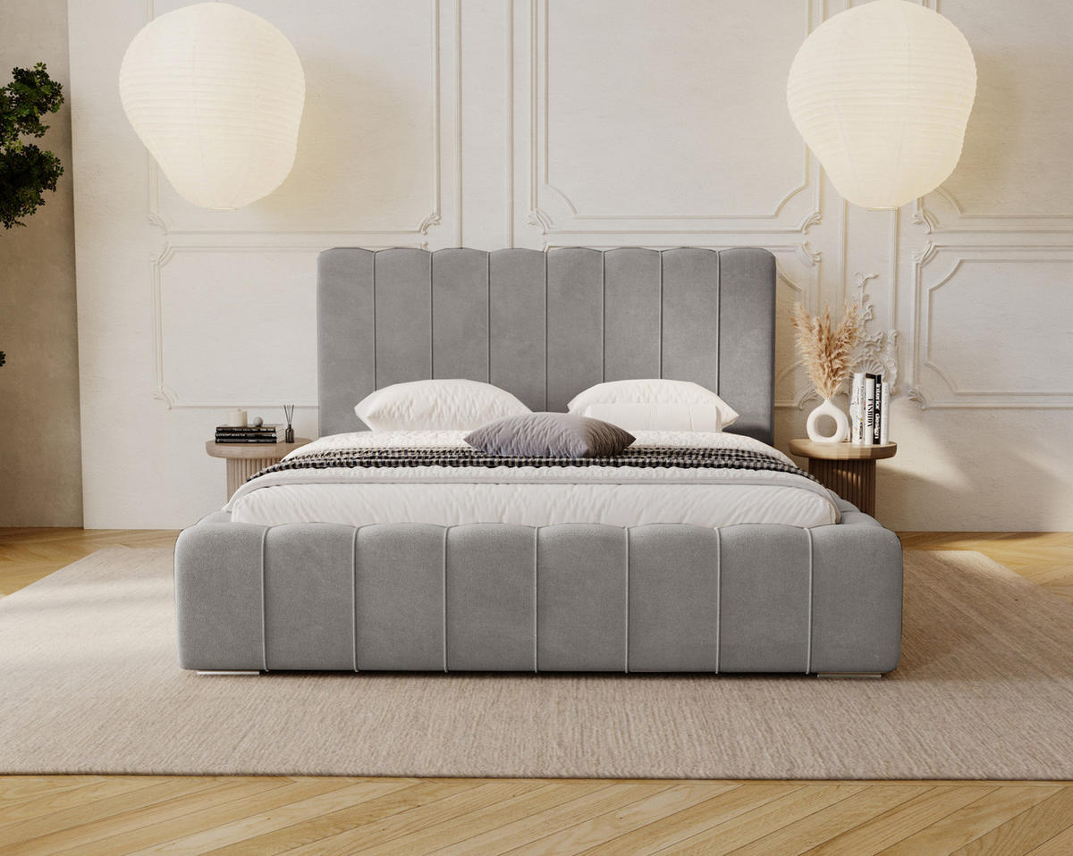 POLSTERBETT 140x200 mit Lattenrost, Bettkasten, Lisbon, Hellgrau - Hellgrau, Holz/Textil (140/200cm) - Emporius