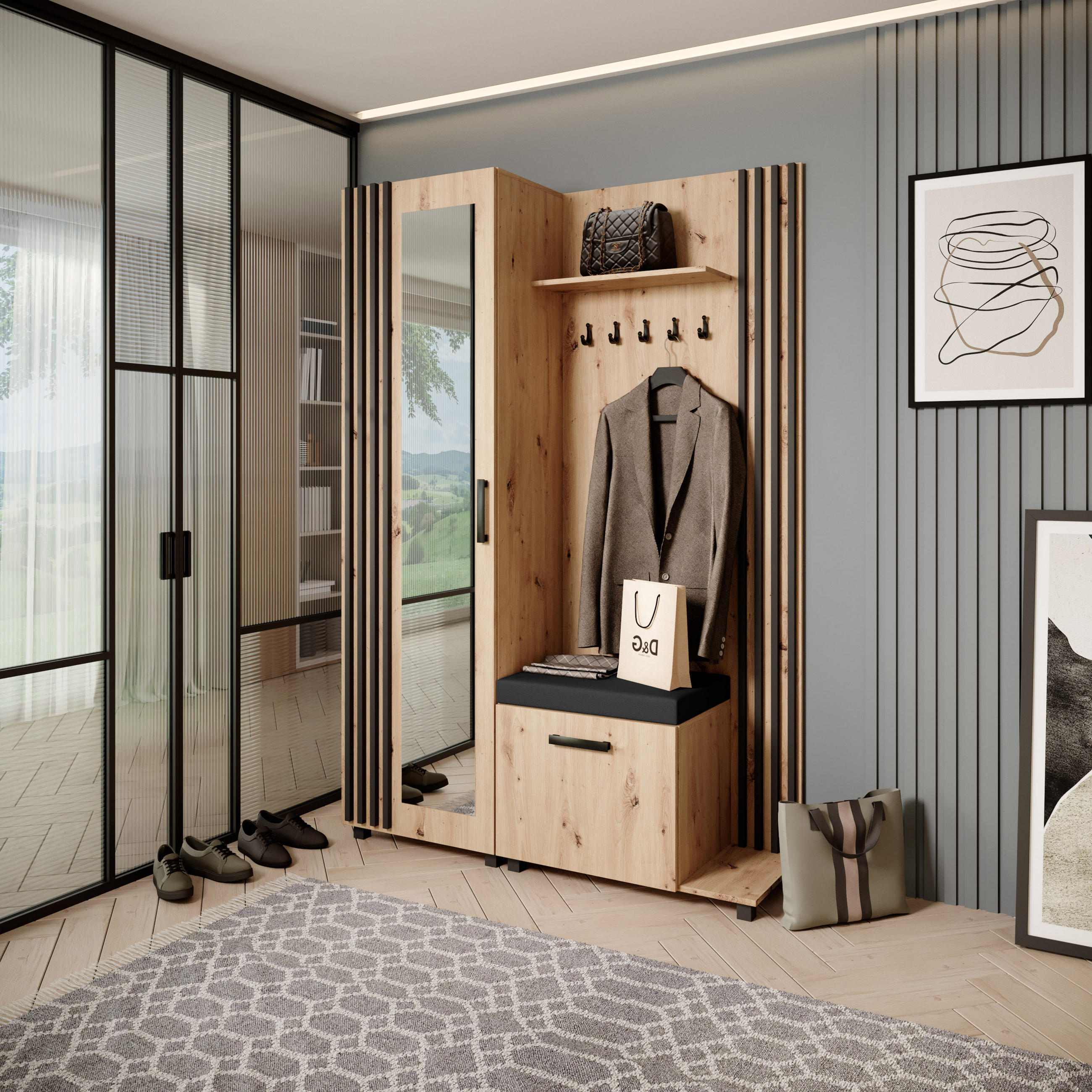 GARDEROBENSCHRANK Livia mit Aufhängern und Spiegel, eiche Artisan, rechts - Schwarz/Eiche Artisan, Holzwerkstoff (137/207/42cm) - Beautysofa