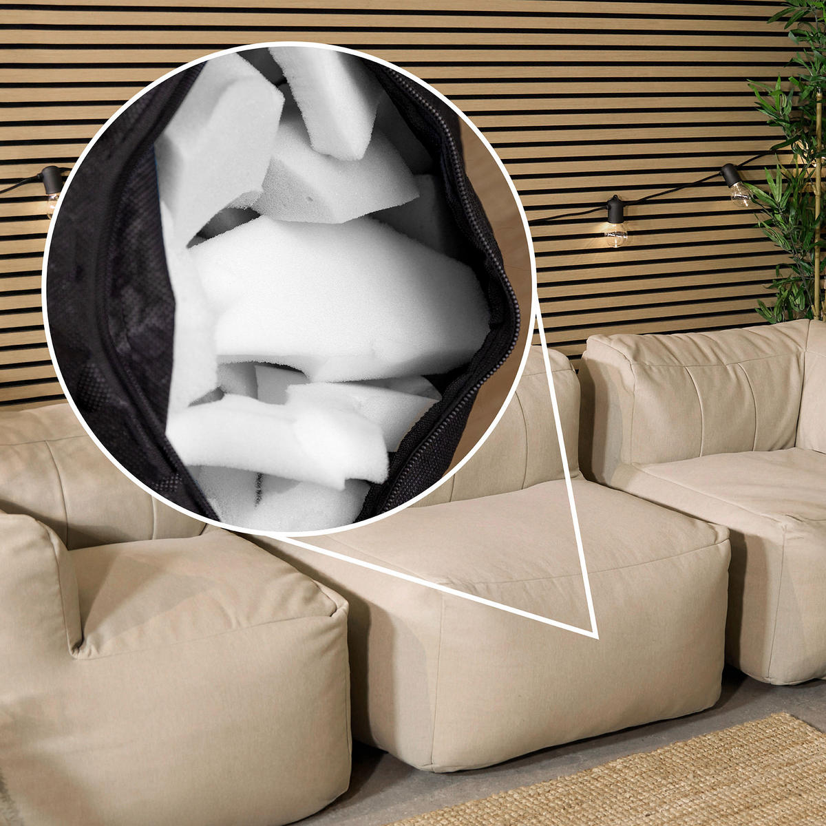 SITZSACK-SOFA Outdoor 6-tlg.: 2 Ecksessel, 3 Sessel, Fußstütze - Beige, Textil (485/68/100cm) - icon