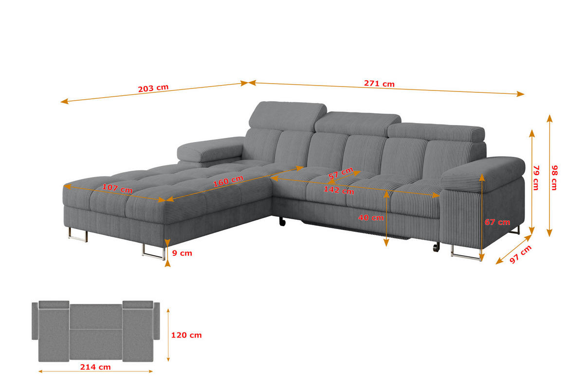 ECKSOFA mit Schlaffunktion Ottomane Links COMA L 271x203x79 Dunkelgrau Cord - Graphitfarben, Holzwerkstoff/Textil (271/203cm) - ALTDECOR