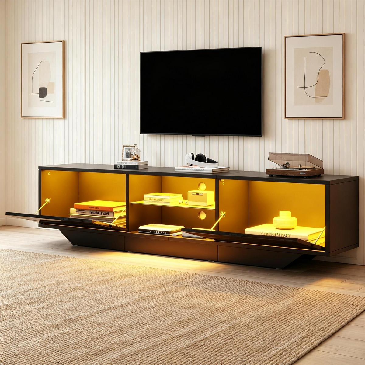 TV-LOWBOARD 160x35x44.5cm Schwarz mit LED und 2 Türen - Schwarz, Holzwerkstoff (160/44.5/35cm) - FLIEKS
